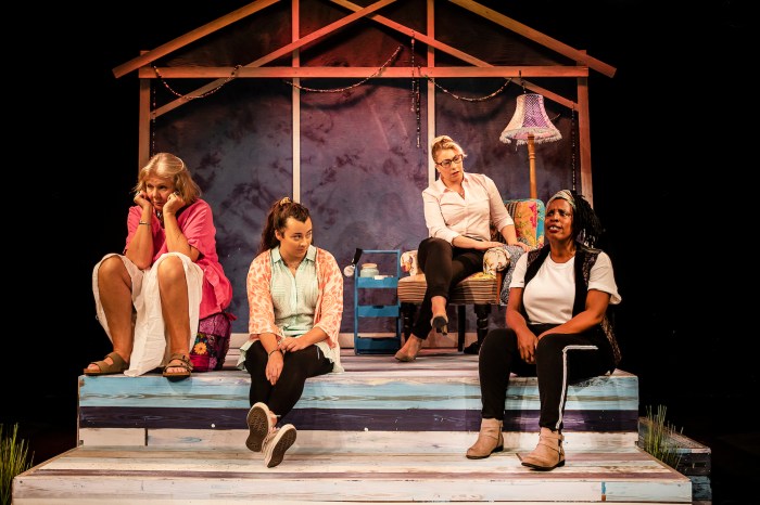 L-R Janet Fullerlove (Joy). Kelly Sweeney (Tamara), Jodie Jacobs (Rachel) &amp; Melanie Marshall (Lou) - Unexpected Joy at Southwark Parkhouse (c) Pamela Raith Photography_010